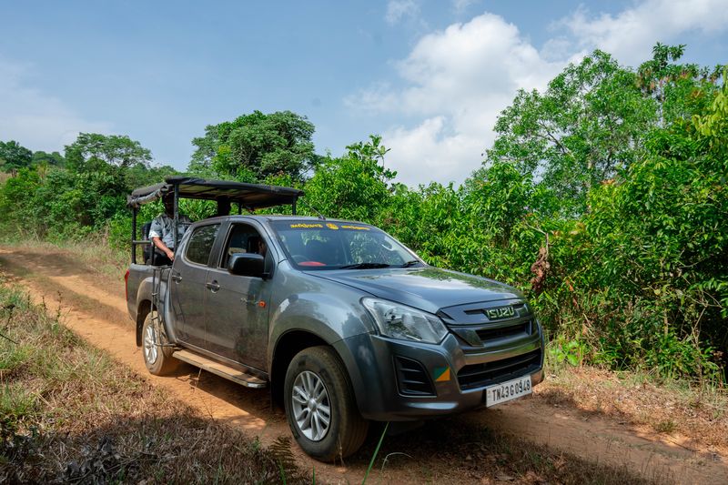 Open jeep on a jungle safari trail through the Western Ghats