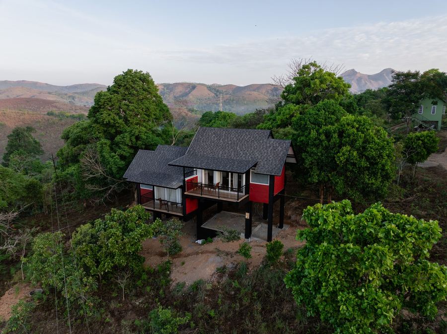Aerial view of cottage in the forest