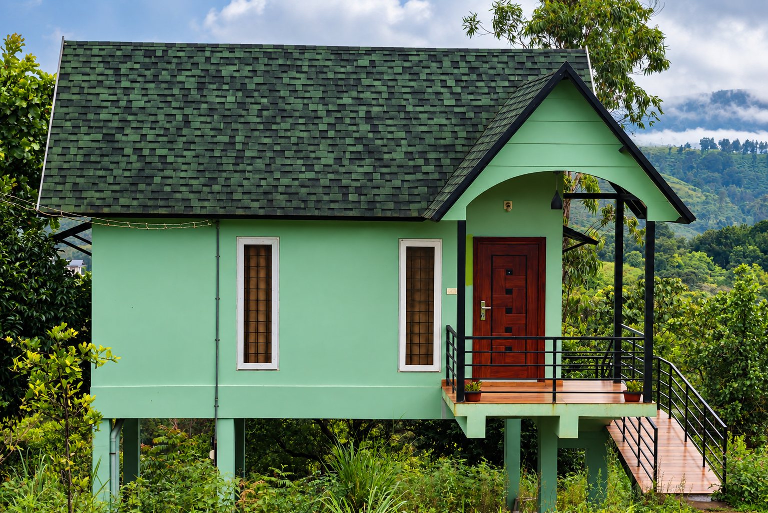 Green cottage on stilts overlooking tea estate hills