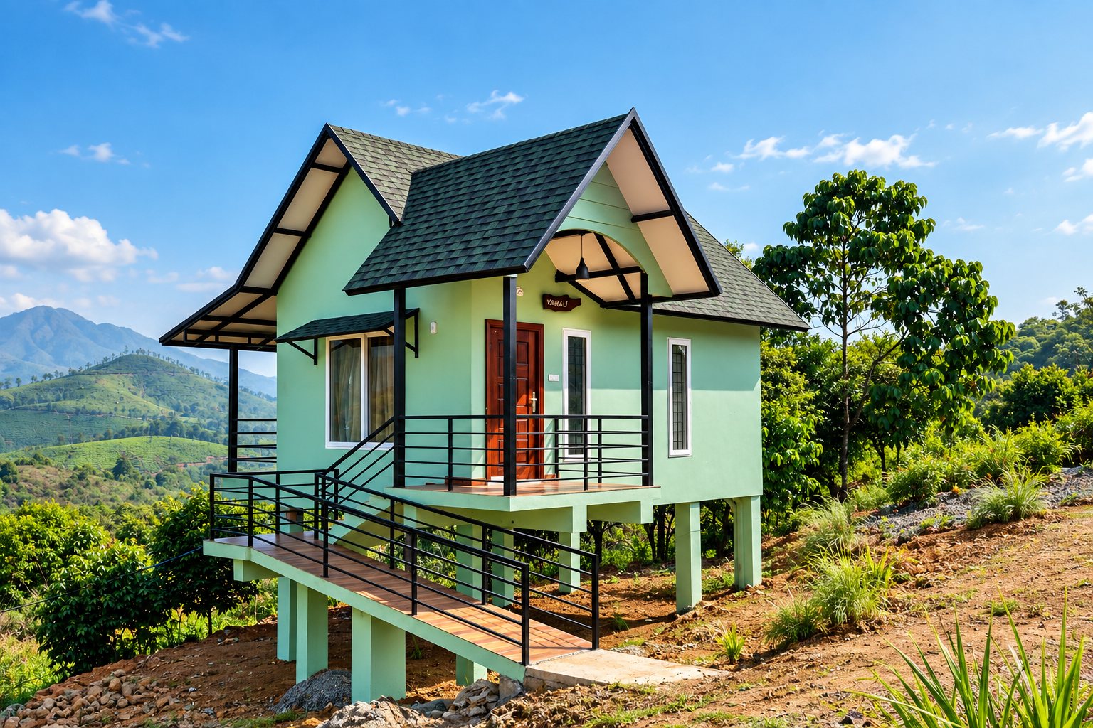 Vaaral cottage on stilts with a sweeping ramp walkway over the tea estate hills